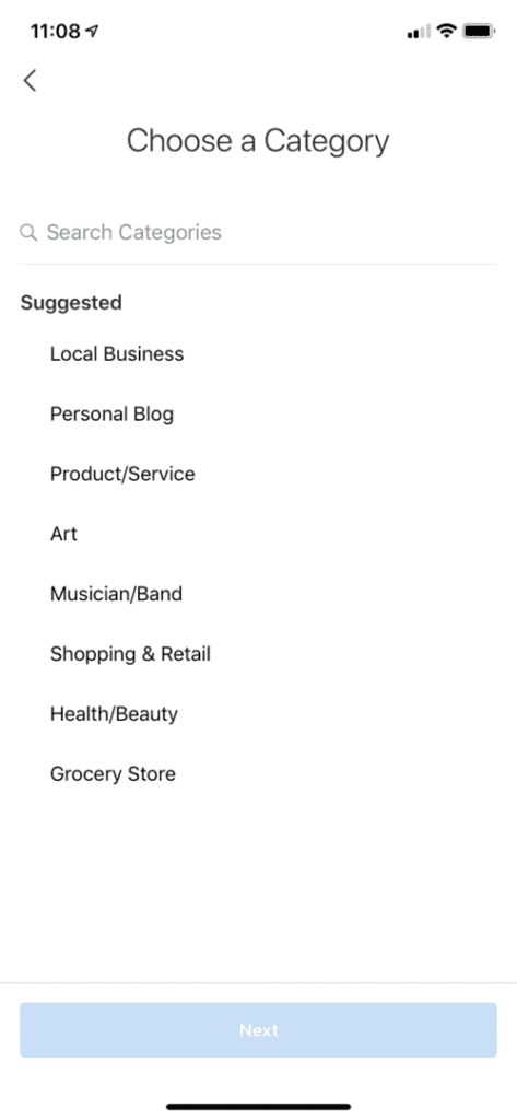 Business category Facebook and Instagram