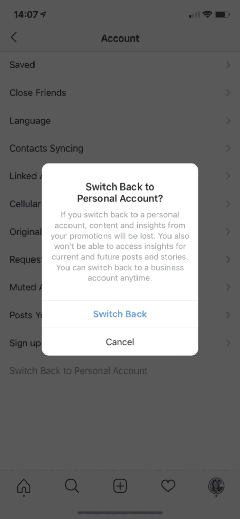 switch back to personal account Instagram