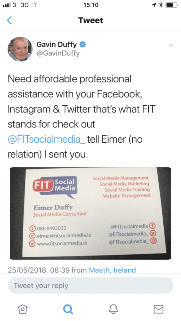 Gavin Duffy Tweet about FIT Social Media